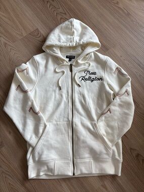True Religion Off-White Zip Hoodie with Metal Zipper